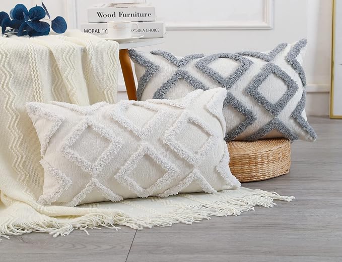 Diamond Pattern Long Pillow Covers 14 x 26,Plush Chenille Decorative Long Lumbar Pillow Case Pillow Covers Cushion Case for Sofa Couch Bed Livingroom Farmhouse,Modern Boho,Cream White