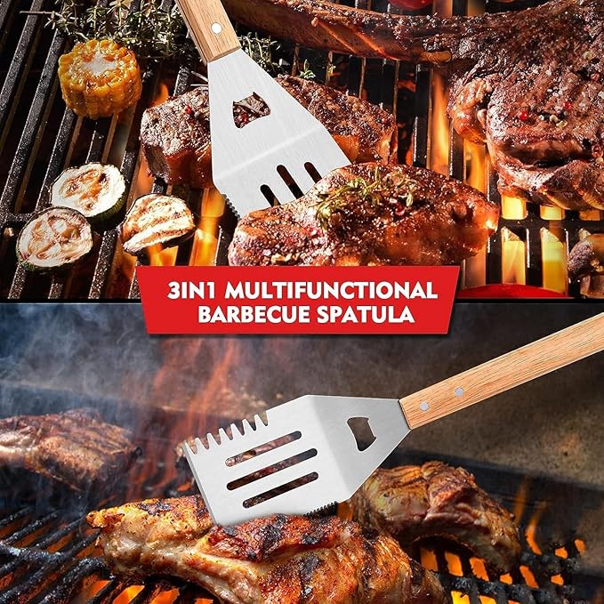 BBQ Grill Tools Set Stainless Steel, BBQ Grilling Accessories with Wood Handles, Barbecue Grill Utensils for Outdoor, Ideal BBQ Tools Gift for Grilling Lover. (3B)