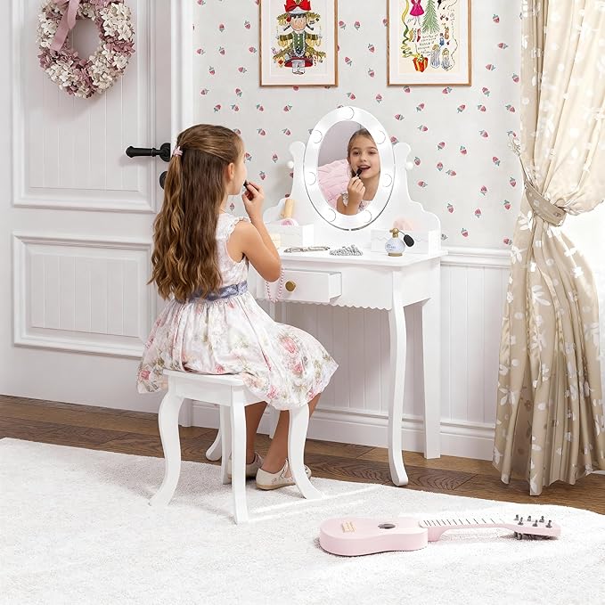 Spirich Kids Vanity, Girls Vanity Set with Mirror and Stool and Lights, Kids Vanity Table and Chair Set,Wooden Princess Makeup Desk Dressing Table