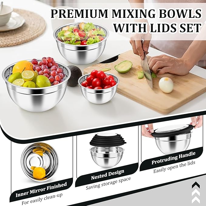 P&P CHEF Mixing Bowl with Visible Airtight Lid Set of 5, 10-Piece Stainless Steel Nesting Salad Bowl Set for Prepping, Mixing and Serving, Size 4.6, 3, 1.5, 1, 0.7 QT, Rimmed Edges & Flat Base, Black