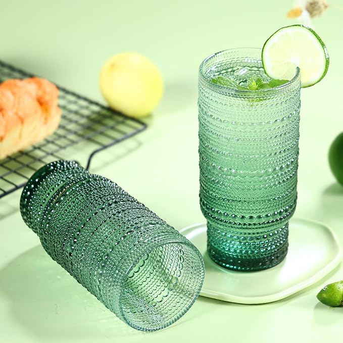 6pcs Hobnail Drinking Glasses Set, 16 oz Vintage Glassware Drinking Glasses, Gradual Dark Green Water Glasses Tumbler, Cups for Kitchen, Juice, Beer, Cocktail, Whiskey