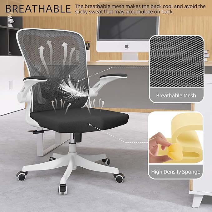 Monhey Office Chair - Ergonomic Office Chair with Lumbar Support & Flip Up Arms Home Office Desk Chairs Rockable High Back Swivel Computer Chair White Frame & Black Mesh Study Chair