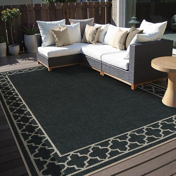 OJIA Easy Jute Outdoor Area Rug 8x10, Large Patio Rug Washable Living Room Rug Farmhouse Indoor Outdoor Carpet Bordered Modern Non-Slip Black Rugs for Bedroom Backyard Deck Decor