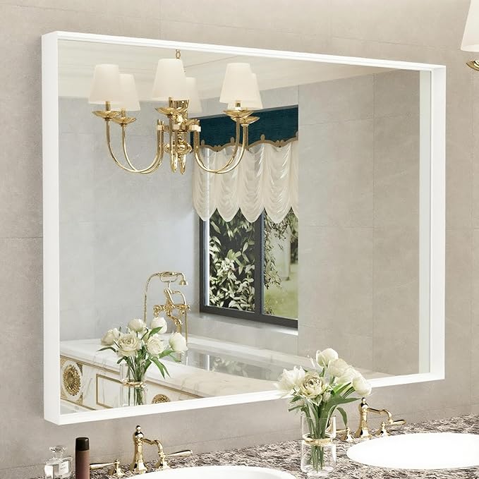 40” x 30” White Bathroom Mirrors for Over Sink, Rectangular Vanity Mirror, Metal Framed Decorative Mirror for Living Room, Bedroom, Tempered Glass, Anti-Rust, Horizontal/Vertical