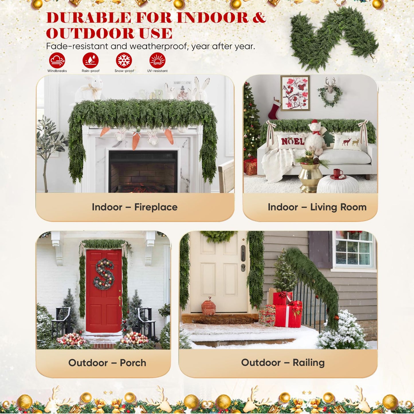 6FT Thick Christmas Garlands with 168 Cedar Branches, Real Touch Green Cedar Garland for Christmas Decorations, Artificial Greenery Garland for Table, Mantle, Wall, Indoor, Outdoor Holiday Decor