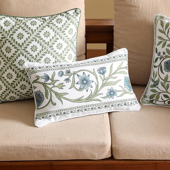 Design Fresh Linen Lumbar Throw Pillow Covers 12"x20" Pack of 2, French White Cottage Cushion Covers with Green Branches Pattern Decoration Pillowcases for Bed,Living Room,Outdoor,Car