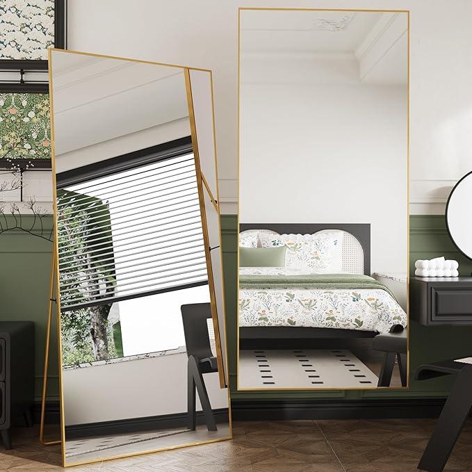 FANYUSHOW Full Length Mirror, Standing Hanging or Leaning Body Mirror, Simple Rectangle Design, Aluminum Alloy Thin Frame, Floor Mirror for Bedrooms, Bathrooms, Living Room 63"x19" (Gold)