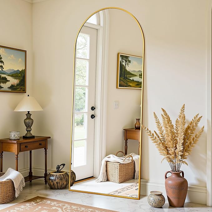 Full Length Mirror, 58"x21" Oversized Floor Mirror Freestanding, Full Body Mirror Floor Standing Mirrors with Stand, Hanging Mounted Mirrors for Bedroom Living Room, Gold, Arched Style