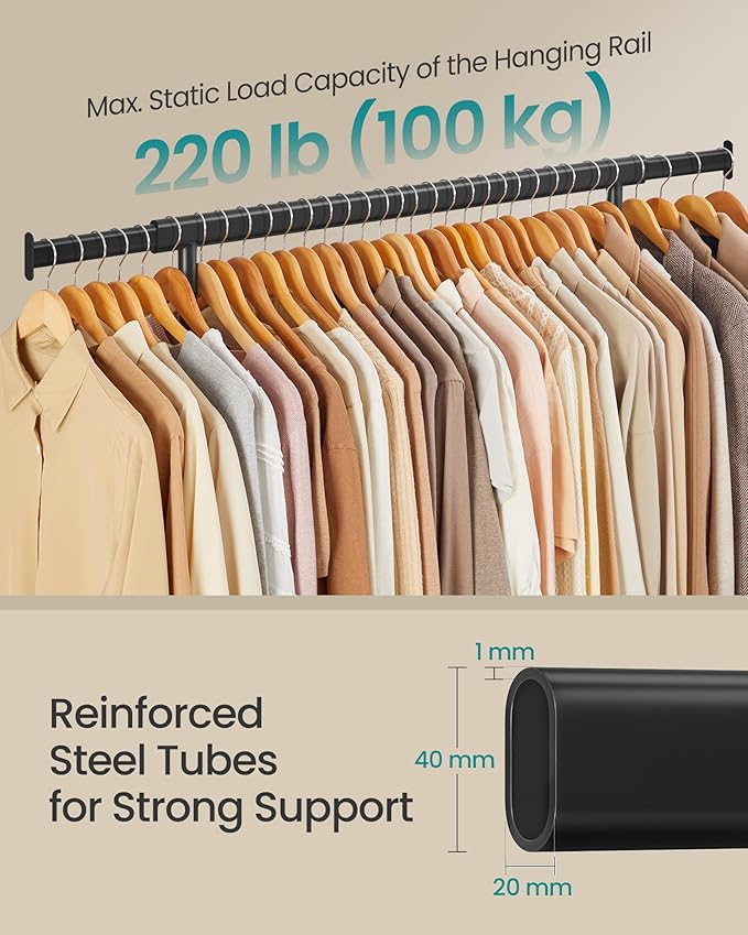 SONGMICS Clothes Rack with Wheels, Heavy-Duty Clothing Rack for Hanging Clothes, Portable, 17.7 x (36.2-52) x 63.6 Inches, with Extendable Rail, 220 lb Load Capacity, Black UHSR13BKV1