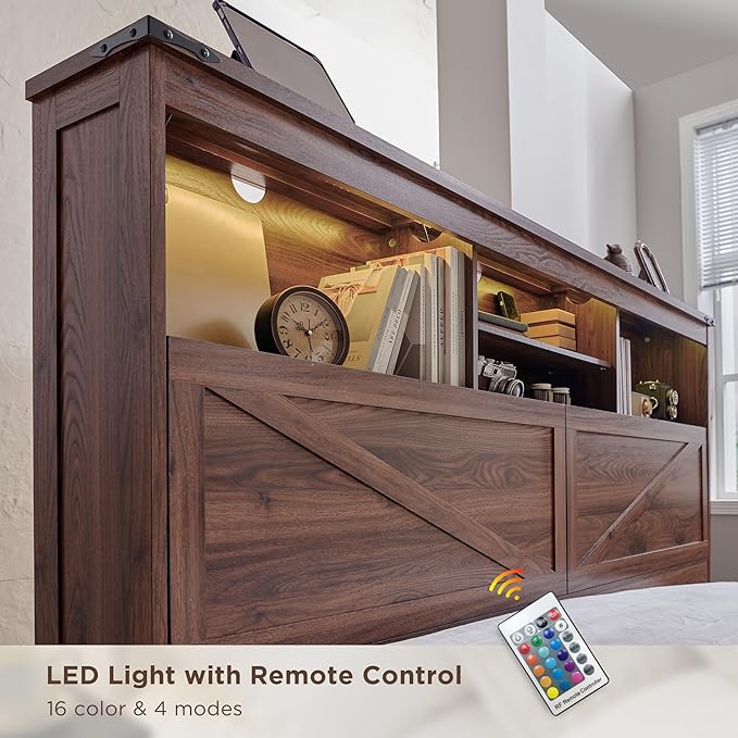 ACCOHOHO Full Bed Frame with 52" Tall Headboard and 4 Drawers,LED Light,Charging Station,Solid Wood Slats Support,No Box Spring Needed,Brown