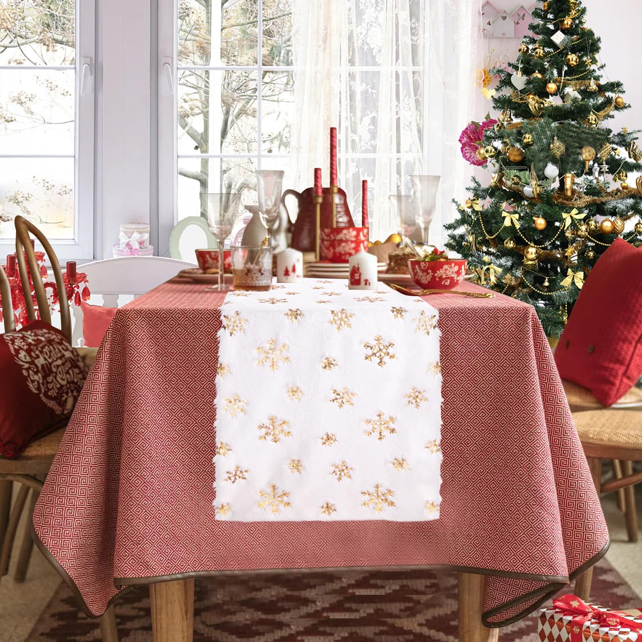 Faux Fur Table Runner Christmas Table Runner 108 Inches Long Gold Snowflake Table Runner for Winter Snowy Party Home Holiday 13 x 108 Inch Christmas Runner for Table Decorations