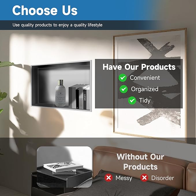 18" x 12" Brushed Nickel Shower Niche, 1 Shelf, Contemporary Style, Shower Caddies