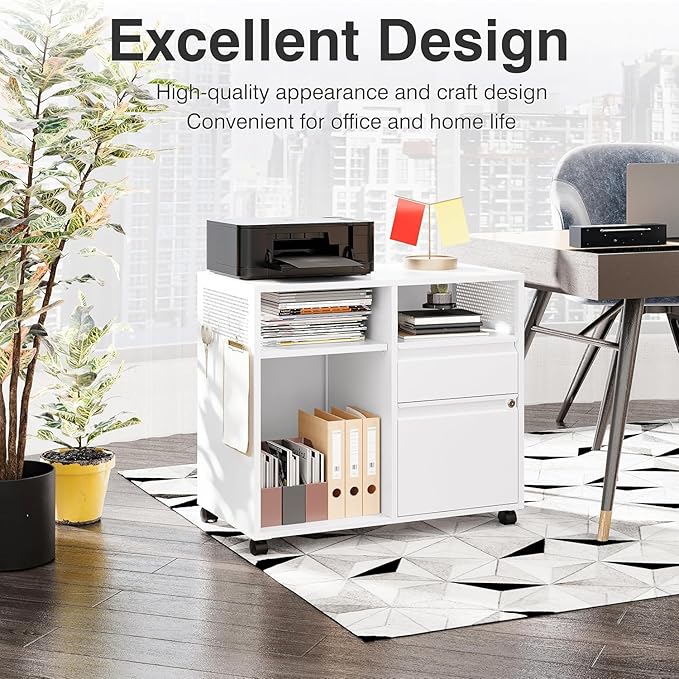 SISESOL 2 Right Drawers File Cabinet with Lock, Mobile Lateral Filing Cabinet for Legal/Letter A4 Size, Metal File Organizer Storage Cabinet with Open Storage Shelves for Home Office (White)