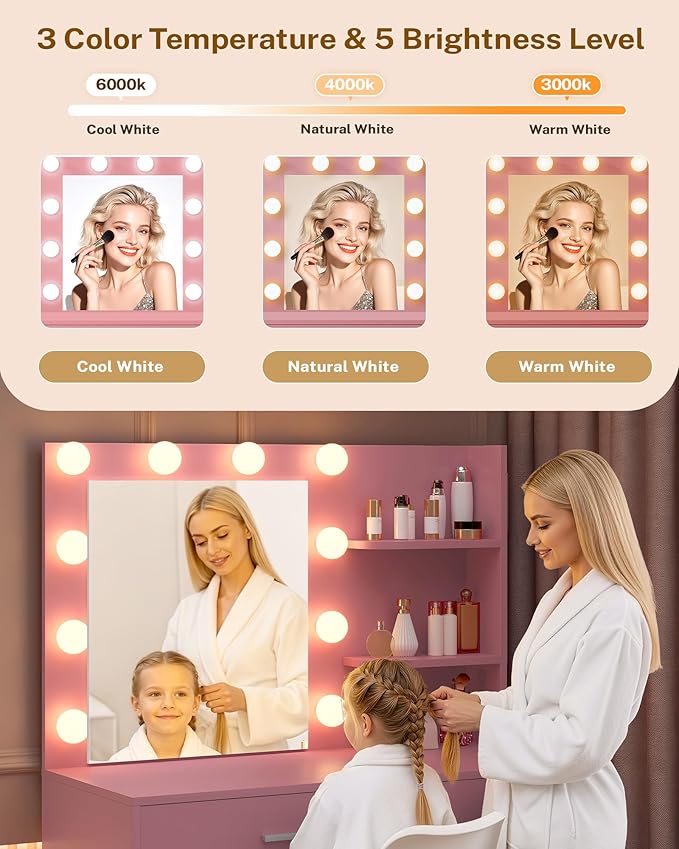 Lighted Makeup Vanity Desk, 35.4“W x 15.7'”D x 54“H, Pink (with Lights and Mirror, Dimming Fuction, 2 Drawers and 1 Cabiniet, Open Shelves)