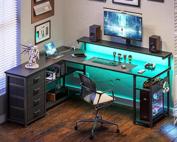 AODK 61" L Shaped Desk with Drawer, Computer Desk with Power Outlets & LED Lights, Reversible Corner Gaming Desk for Home Office Workstation, Office Desk with Monitor Shelf, Pure Black