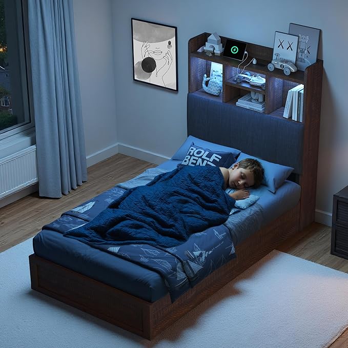 Twin Farmhouse Bed Frame with Bookcase Headboard and 4 Drawers, LED Storage Bed with Charging Station & Linen Upholstered, No Box Spring Needed, Reclaimed Barnwood