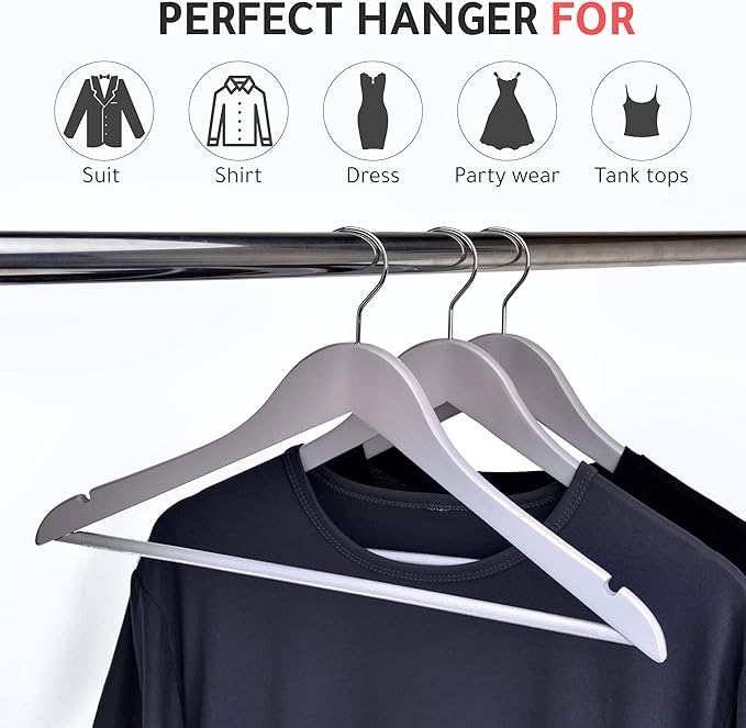 Quality Wooden Hangers - Slightly Curved, Heavy-Duty Coat Hangers with Stylish Chrome Hooks - 30-Pack Sets for Clothes, Jackets, Shirts, Pants, Suits (Gray)