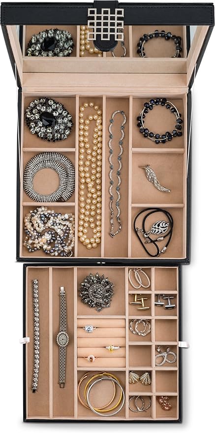 Co 28 Section Jewelry Box - 2 Layer - Buckle Snap & Magnet Closure - Large Mirror - Pu Leather - Black - Jewelry Organizer for Women & Girls - Holder for Earring Ring Necklace & Bracelet