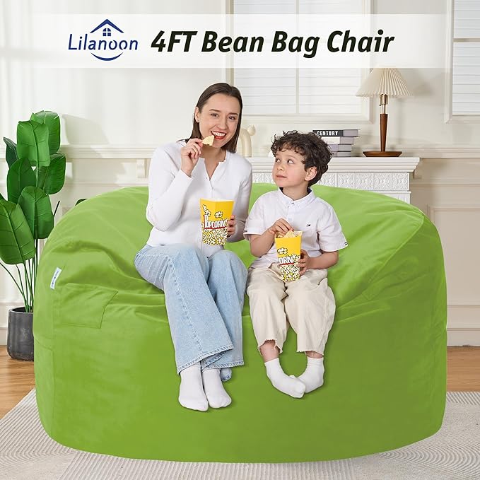 4FT Bean Bag Chair with Ultra Soft Velvet Cover Bean Bag Sofa with Memory Foam Bean Bag Chairs with Large Size Lazy Sofa for Dorm Office Living Room Bedroom Grass Green 4'