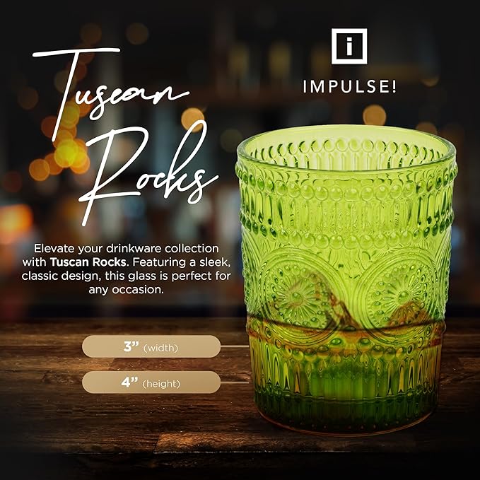 IMPULSE! Tuscan Rocks Glass Set - Olive, Dishwasher Safe, Chic Vintage Style - 8 oz - Ideal for Gin, Mixed Cocktails, Bourbon, Margaritas, Soft Drinks, Beer, Water - Mexican Style Glasses - Set of 4