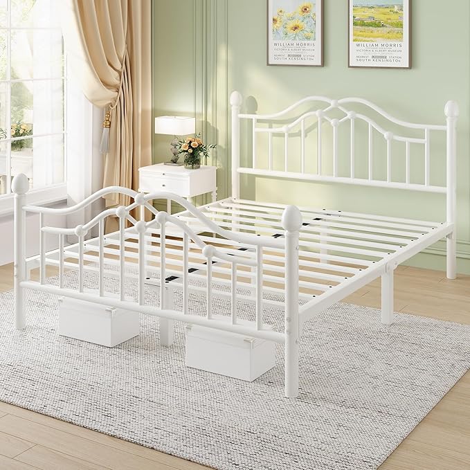 Queen Size Bed Frame, Metal Platform Bed with Victorian Headboard and Footboard, Strong Metal Slats Support, Mattress Foundation No Box Spring Needed, Easy Assembly, Noise Free, White