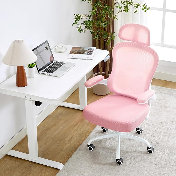 Ergonomic Office Chair,Ultra Thick Office Desk Chair with Adjustable Lumbar Support and Headrest,Spring Cushion,Rocking Function,Flip-up arms,Mesh Computer Chair for Home Office,Pink