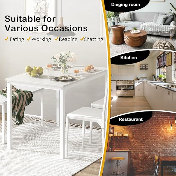 soges 4 Pieces Dining Table Set, 43.3 inch Kitchen Table Set for 4, Dining Set with 2 Chairs and Bench with Storage Rack, Nesting Furniture Set for Dining Room, Kitchen, Restaurant, White