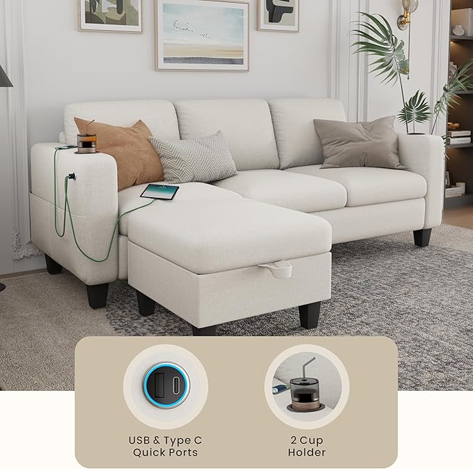 Sectional Sofa Couches for Living Room - 78'' Beige 3 Seat L-Shaped Couch with USB+Type C Port and 2 Cup Holder, Modern Linen Convertible Sectionals Sofas with Storage Ottoman for Apartment