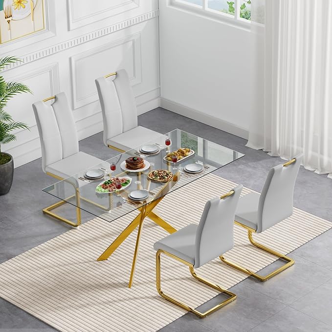 Modern Glass Dining Table Set for 4, Gold Glass Kitchen Table and Chairs Set of 4, 5 Piece Dining Room Table Set with 61" Rectangular Metal Glass Dinner Table and 4 Grey Leather Dining Chairs