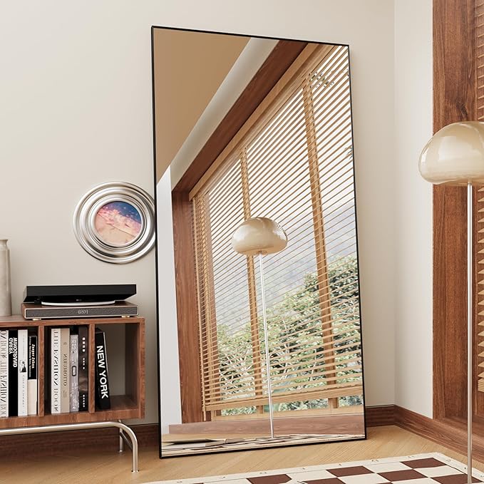 FANYUSHOW Full Length Mirror with Stand 65"x23.6",Floor Standing Aluminum Frame for Living Room,Tempered Glass Floor Mirror,Simple Home Decor,Wall Decor for Bedroom & Bathroom,Full Body Mirror,Black