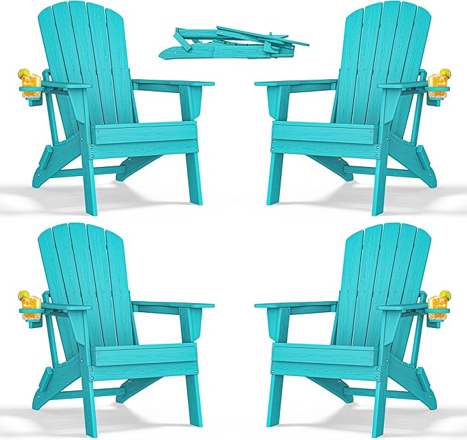 nevilywood Folding Adirondack Chair with Cup Holder Set of 4, HDPE Patio Chairs,All-Weather Outdoor Chairs for Backyard, Deck,Fire Pit-Aruba