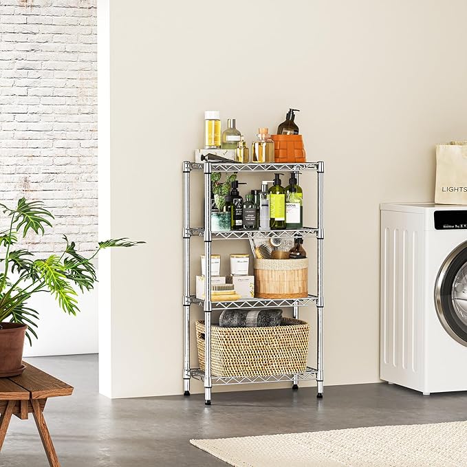 IZEUK 4 Tier Steel Storage Shelves, Heavy Duty Metal Shelf Wire Shelving Rack for Pantry, Kitchen, Living Room, or Office Organization (11.8" D x 21.7" W x 39.5" H, 1000LBS, Chrome)