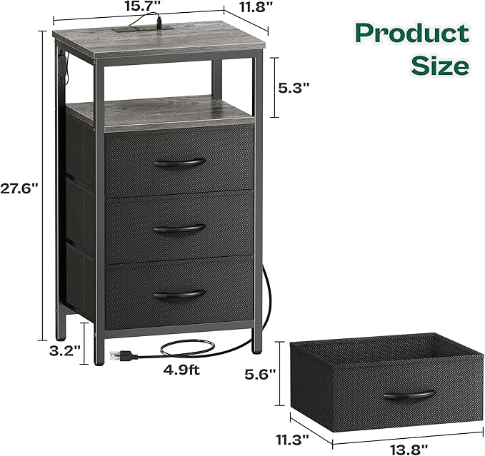 Huuger Night Stand with Charger Station and LED Lights, 3 Drawer Nightstand, Bed Side Table with Open Shelf, End Table, Tall Fabric Dresser for Bedroom, Grey