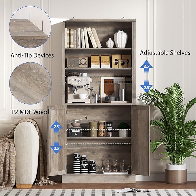 71.4" Tall Bookshelf with Cabinet, 5-Tier Floor Standing Bookcase with Doors & Adjustable Shelves, 31.5" Wide Storage Shelf, Metal Handles, Modern Organizer for Home Office, Living Room