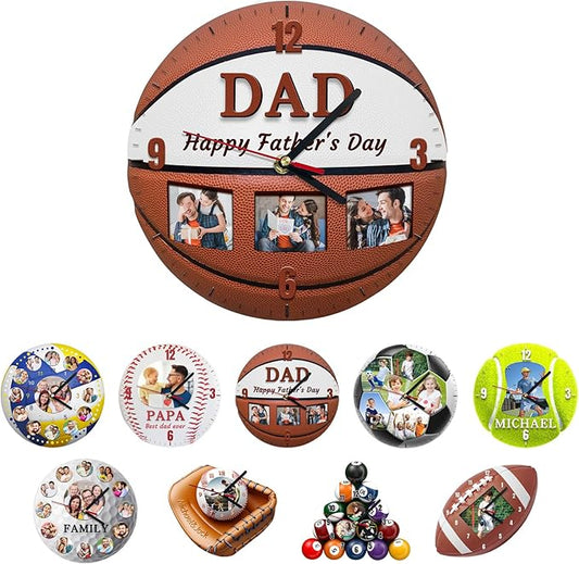 Custom Wall Clock, Personalized Clocks with Picture, Customized Silent Sports Ball Clock for Living Room Kids Bedroom, Creative Birthday Basketball Style