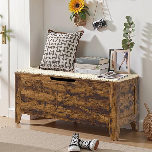 VECELO 43.3" Farmhouse Style Storage Bench, Entryway Shoe Ottoman, with Handwoven Cushion, with Metal Safety Hinges, for Bedroom, Living Room, Entryway, Brown