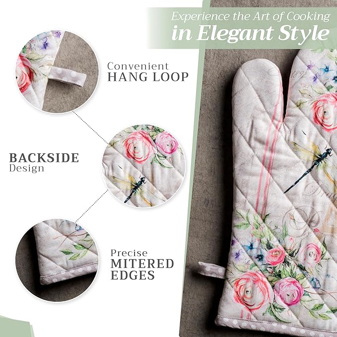 Maison d' Hermine Oven Gloves 100% Cotton Easter Oven Mitt Heat Resistant BBQ Cooking Gloves with Loop for Grilling, Microwave, Barbeque, Champ De Mars Spring/Summer (Oven Mitt (7.5''''x13''''))
