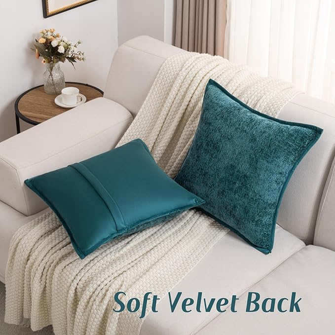 FUTEI Teal Chenille Throw Pillow Covers 20x20 Inch Set of 2,Soft Cozy Bound Edge Design Cushion Case,Home Decor for Couch Bed Living Room
