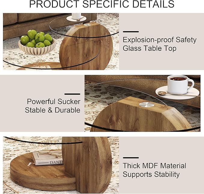 Glass Coffee Table, Modern Round Glass Coffee Table with Wooden Base, 3 Tier Round Coffee Table, Clear Cocktail Table with Storage for Living Room, Office, Balcony, Wood