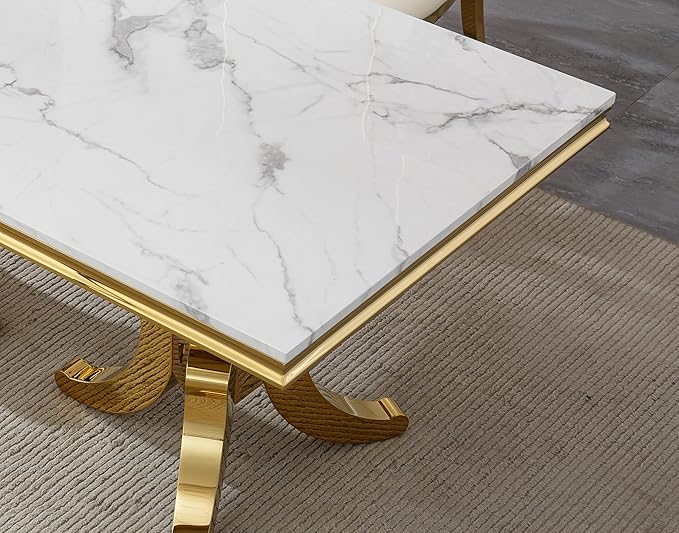 Goujxcy Faux Marble Dining Table Set for 4, Modern 5-Piece Dining Table Set with 4 Velvet Upholstered Chairs, 70" Large Long Faux Marble Kitchen Dining Room Table and Chairs with Stainless Steel Legs