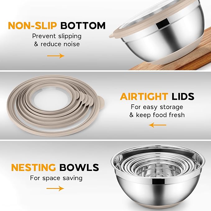 Mixing Bowls with Lids Set of 6, Large Metal Nesting Mixing Bowls, Stainless Steel Non-Slip Salad Bowl Khaki – Size 1, 1.5, 2, 2.6, 3.5, 7QT