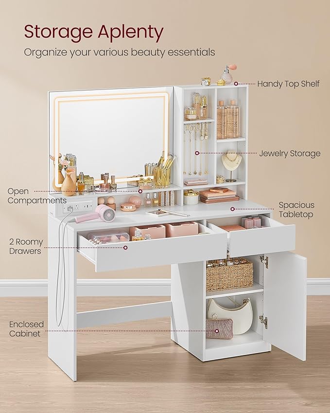 VASAGLE KAILYN Collection - 43.3-Inch Wide Vanity Desk with Mirror and Lights, Power Outlets, Vanity Table Set with Stool, Jewelry Storage, Adjustable Shelves, for Bedroom, Cloud White URDT632W02
