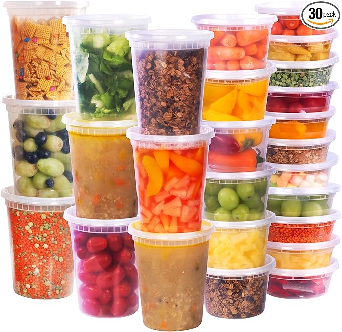 Galashield Deli Containers with Lids 8 oz. 16 oz. 32 oz. [30 Sets] Plastic Soup Containers with lids Deli Cups, To Go Food Containers