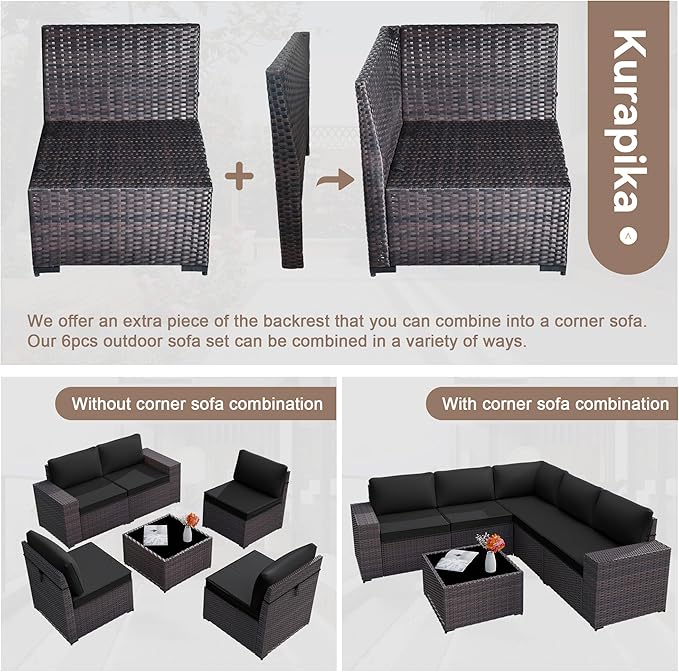 Kurapika 6 Pieces Patio Furniture Set, Rattan Wicker Outdoor Conversation Sets w/4 Inch Cushion and Glass Coffee Table(Black)