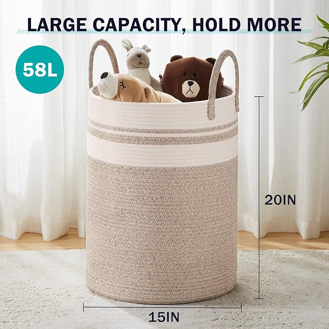 Woven Rope Laundry Hamper Basket, 58L Tall Laundry Basket for Blanket Organizer- Clothes Hamper for Bedroom Storage, Baby Kids Nursery Hamper-Large-Brown
