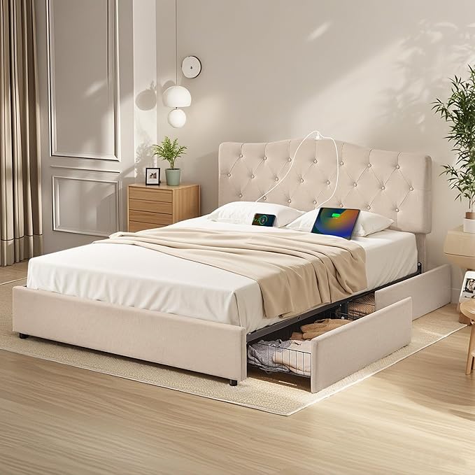 VECELO Queen Size Platform Bed Frame with 4 Storage Drawers,Fabric Upholstered Headboard and Wooden Slats Support,Built-in USB and Type C Ports, No Box Spring Needed,Easy Assembly