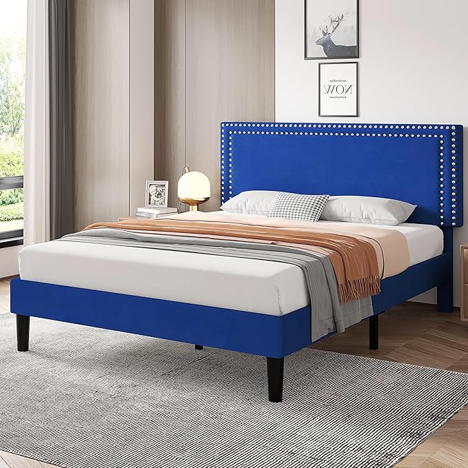 VECELO Queen Size Platform Bed Frame with Height Adjustable Upholstered Headboard, Modern Mattress Foundation,Strong Wood Slat Support, No Box Spring Needed, Easy Assembly