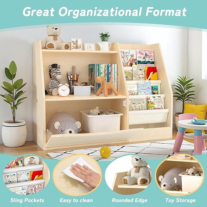 TOETOL 2 Tier Kids Bookshelf and Book Storage，4 Sling Toddler Bookshelf, Storage Boxes Book Shelf & Organizer for Nursery Playroom Classroom Library Bedroom Natural Wood