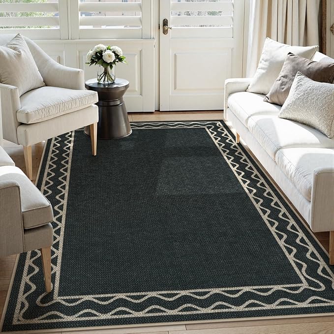 OJIA Easy Jute Washable Rugs 5x7 Outside Rug, Modern Outdoor Patio Rug for Living Room Wavy Border Indoor Outdoor Rug Farmhouse Non-Slip Black Carpet Geometric Area Rug for Backyard Dining Room