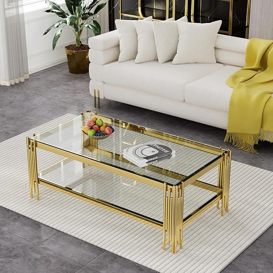Goujxcy Modern Glass Coffee Table 47" Gold Center Table with Tempered Glass Top and Mirror Finish Stainless Steel Legs, Luxury Rectangular Coffee Table for Living Room Apartment (Gold)